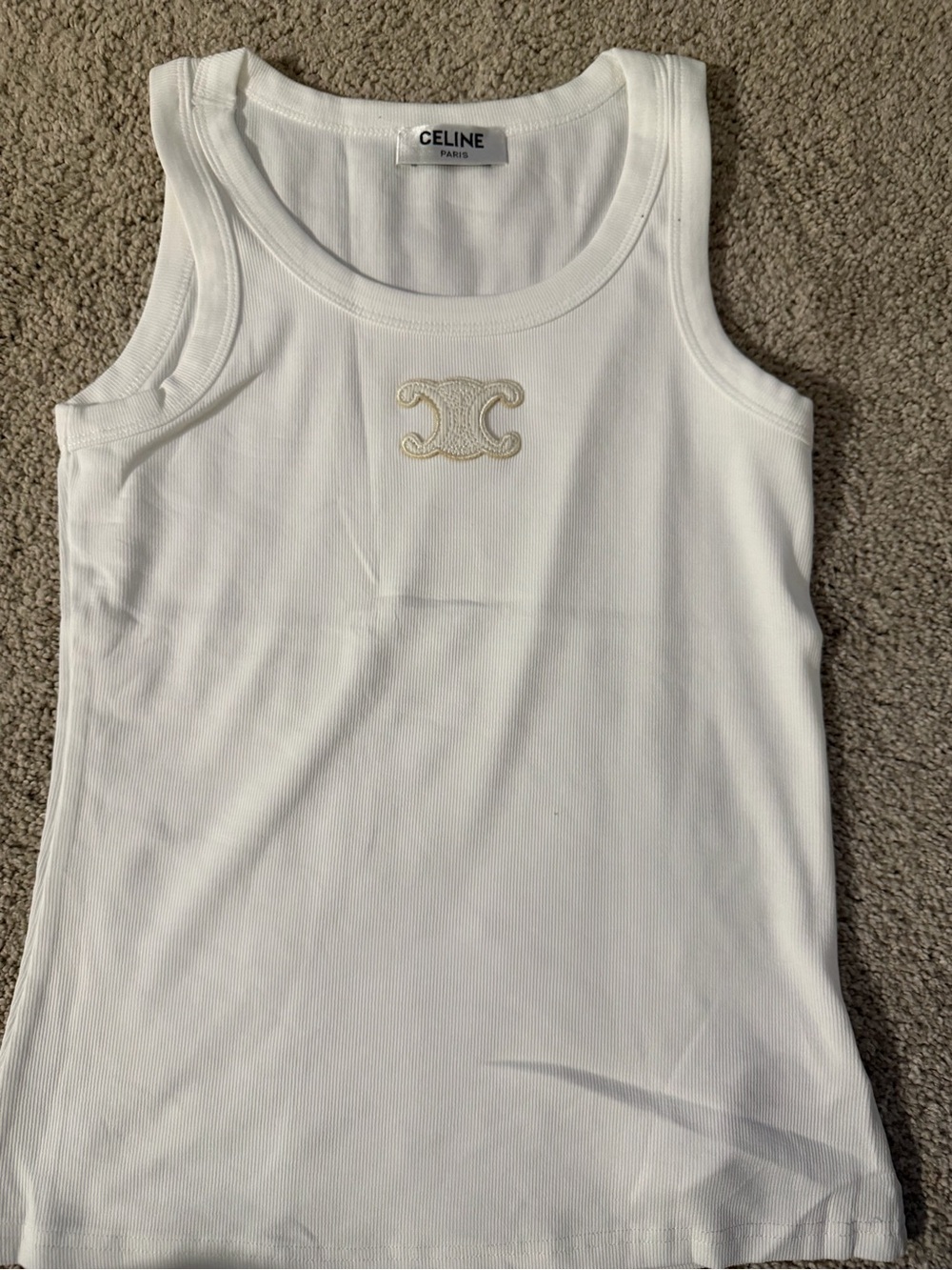 Celine White Tank Top with Creme Logo Patch